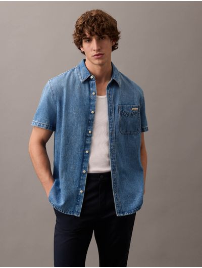 Camisa-Calvin-Klein-Denim-Manga-Corta-Hombre-Azul