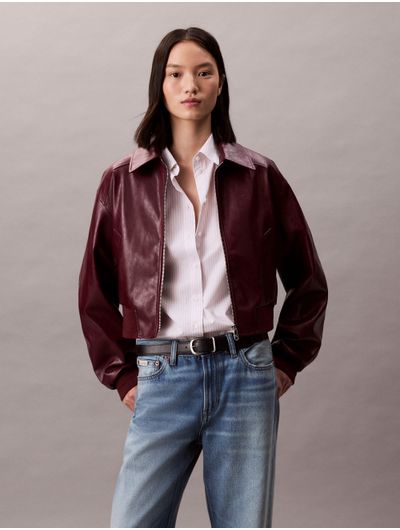Chamarra-Calvin-Klein-Bomber-Cropped-Piel-Sintetica-Mujer-Rojo