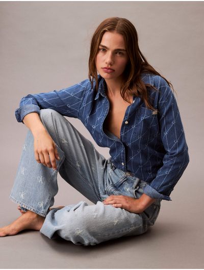 Jeans-Calvin-Klein-Wide-Leg-Monograma-Mosaico-Mujer-Azul