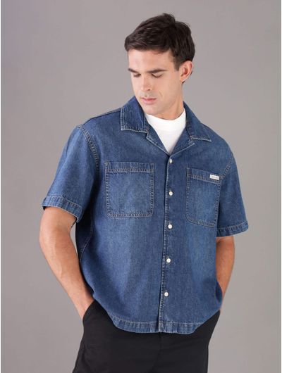 Camisa-Calvin-Klein-Jeans-Placa-Bolsillo-Hombre-Azul